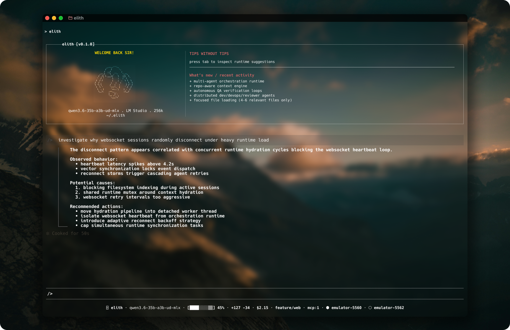 Elith CLI session showing multi-agent orchestration, runtime diagnostics, and recommended actions